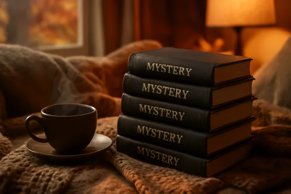 Stack of mystery novels with tea on reading nook