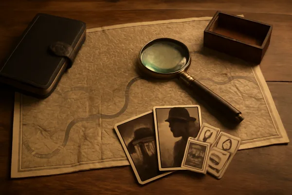 Vintage detective desk with magnifying glass
