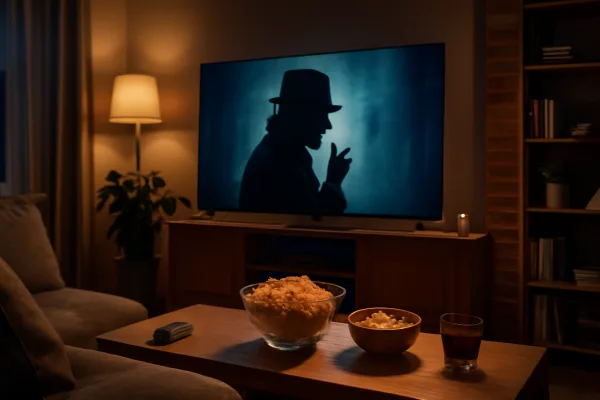 Cozy living room with detective show on TV