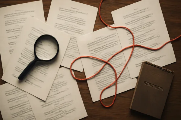 Mystery scripts and detective notebook on desk