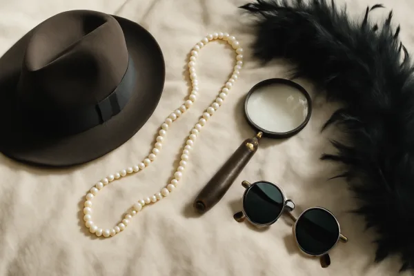Murder mystery costume accessories flat lay