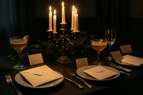 Themed dinner table with mystery clue envelopes