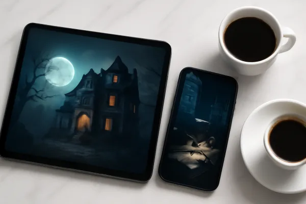 Tablet and phone showing mystery game apps