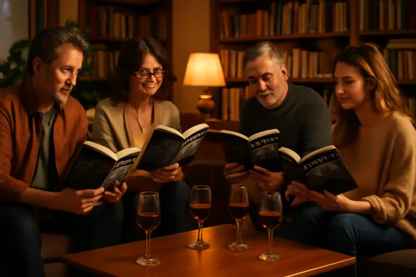 Book club members reading mystery novels