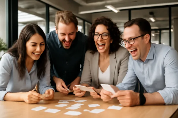 Corporate team solving mystery clues together