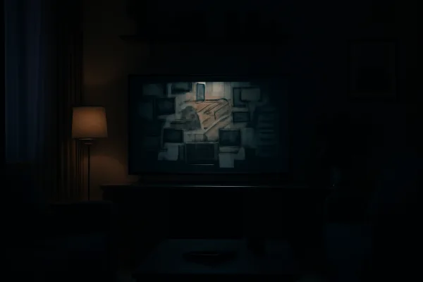 Dark living room with true crime documentary