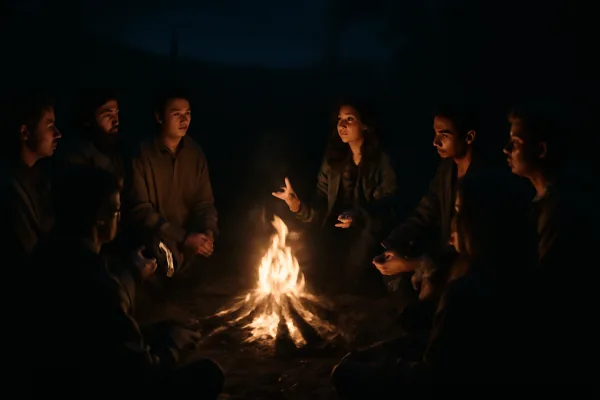 Friends playing Werewolf game around campfire