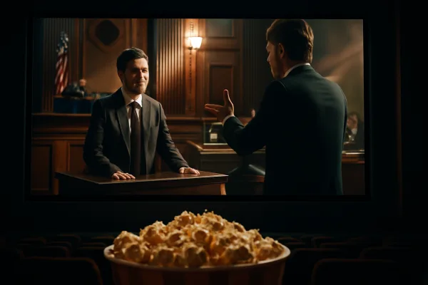 Movie theater showing a dramatic courtroom scene